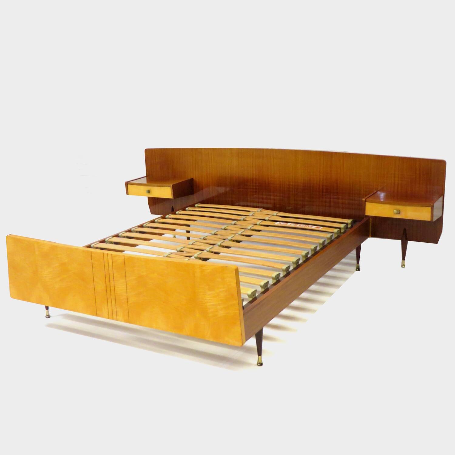 Mid century double bed bedroom set + floating nightstands in teak & maple