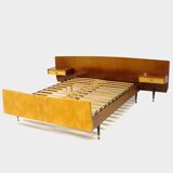 Mid century double bed bedroom set + floating nightstands in teak & maple