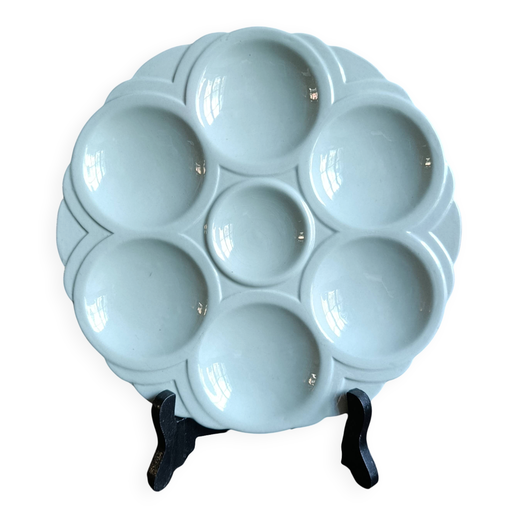 Art Deco French majolica oyster plate from Sarreguemines, aquamarine blue