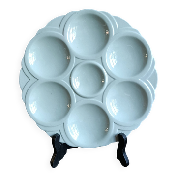 Art Deco French majolica oyster plate from Sarreguemines, aquamarine blue