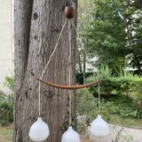 Scandinavian triple pendant light in Opaline and oak by Uno & Östen Kristiansson.