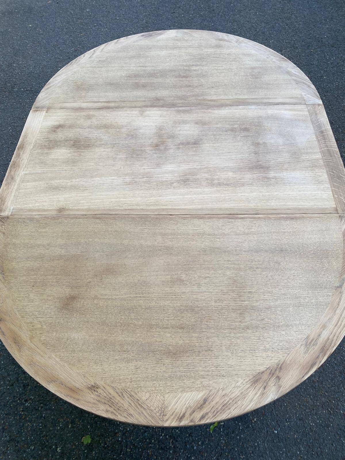 Extendable round farmhouse dining table renovated in raw oak 160cm 20th century