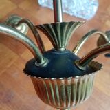 Vintage 4-arm chandelier - oblong tulip pressed molded glass - gold metal