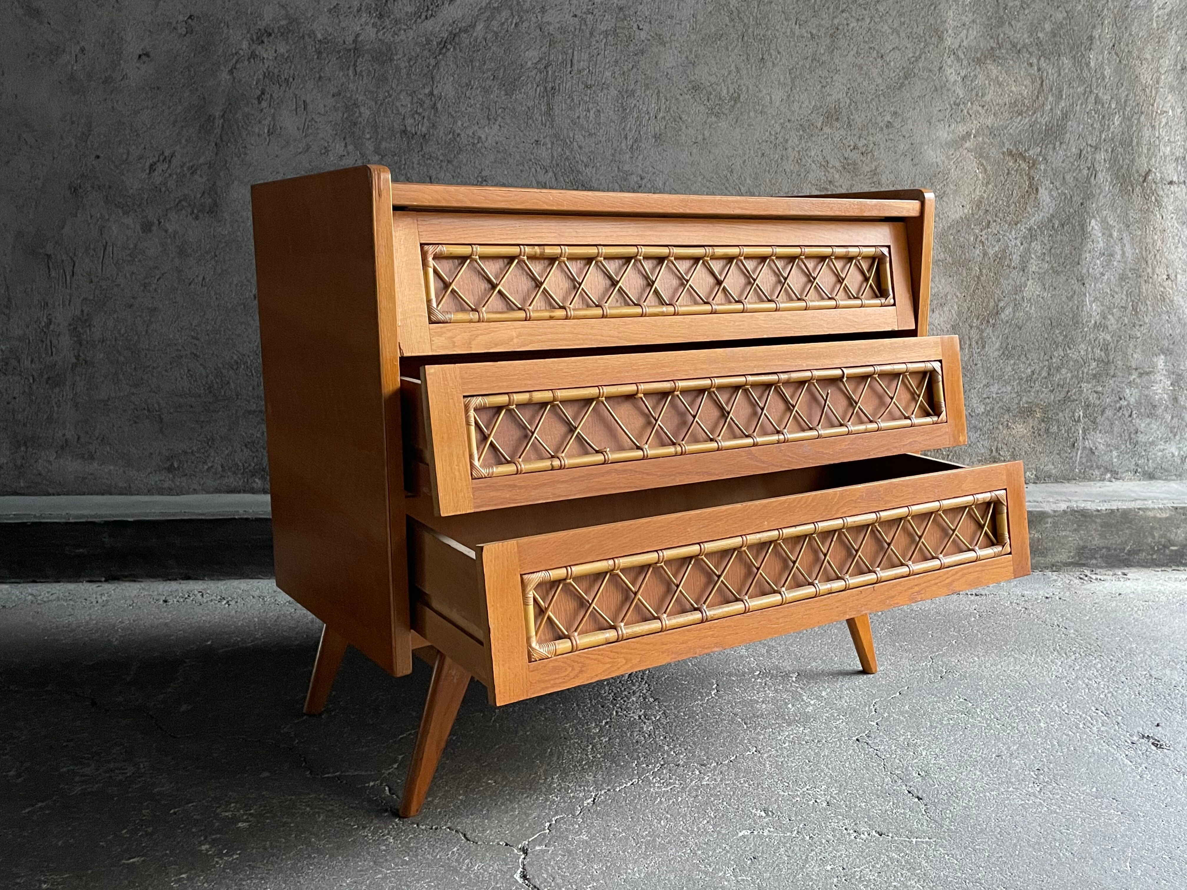 3-drawer chest of drawers with rattan decorations, France 1970s