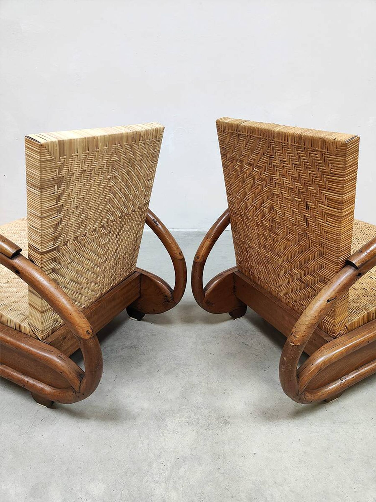 2 fauteuils en rotin tressé, Art Déco