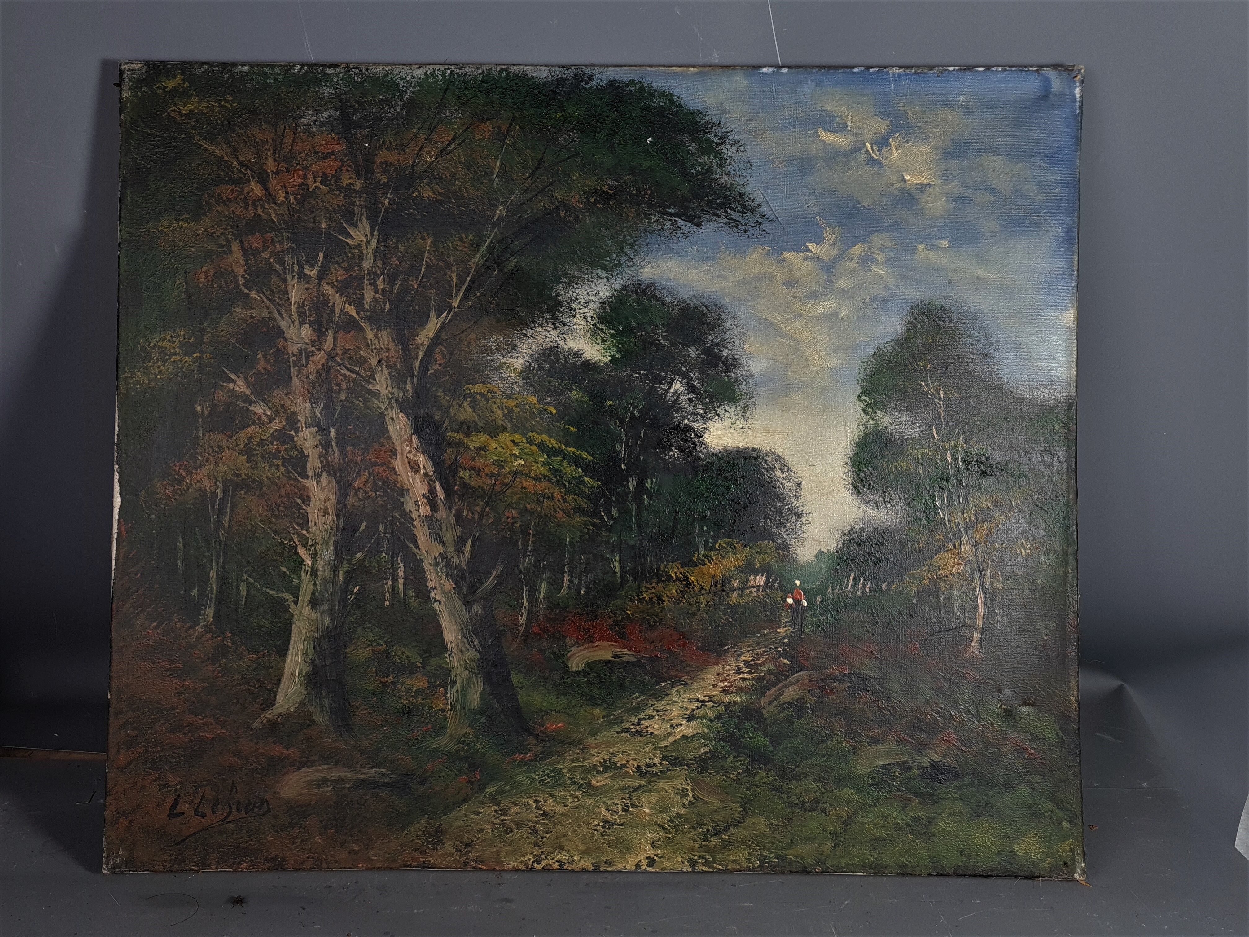 Old oil on canvas animated forest landscape 55x46 cm vintage 50s