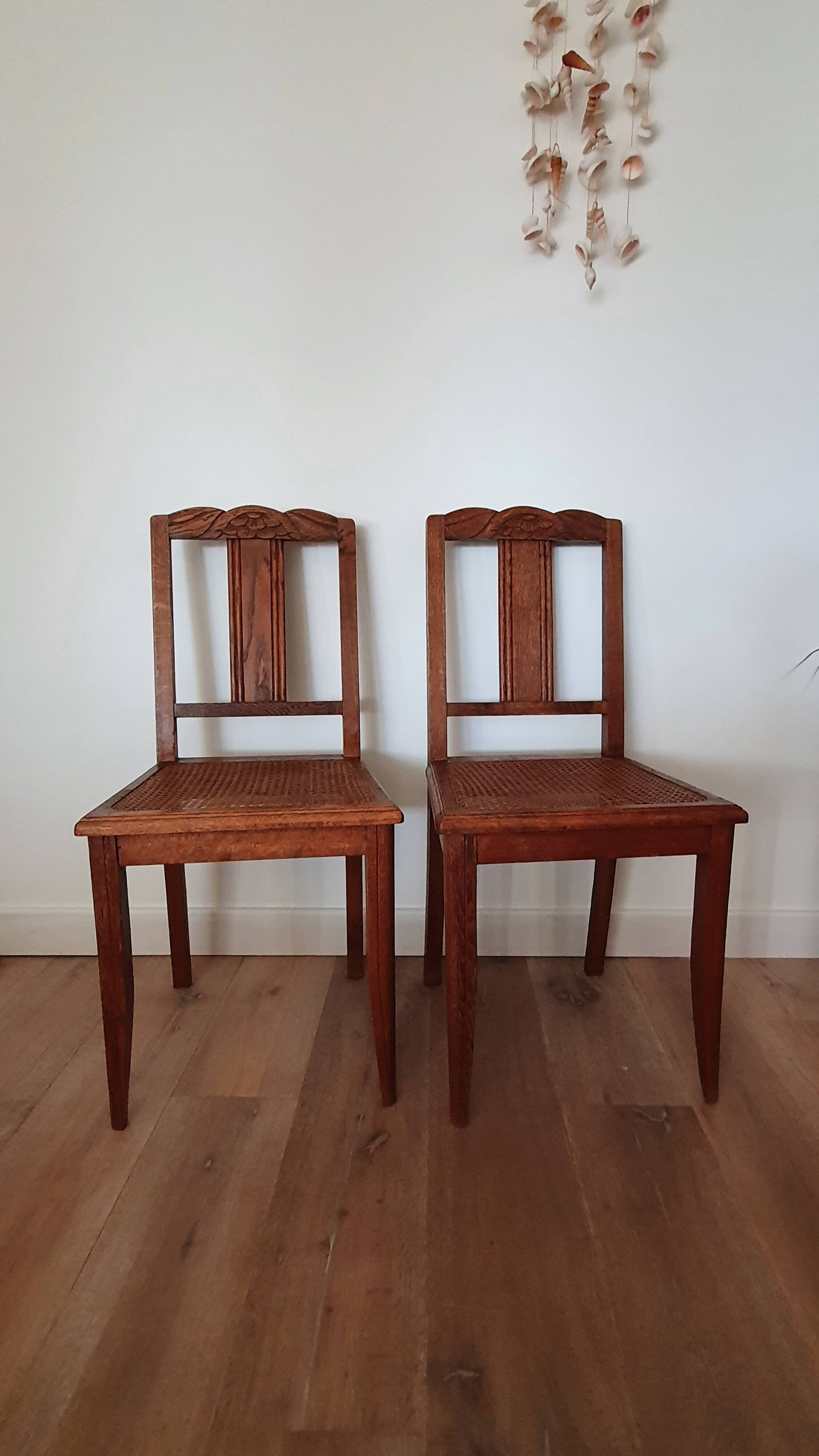 Pair of wooden chairs and Art Deco canning