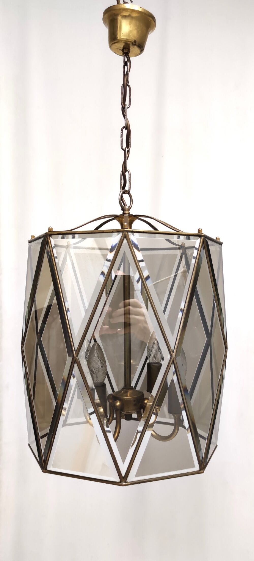 Vintage handmande octagonal glass and brass pendant lantern, Italy