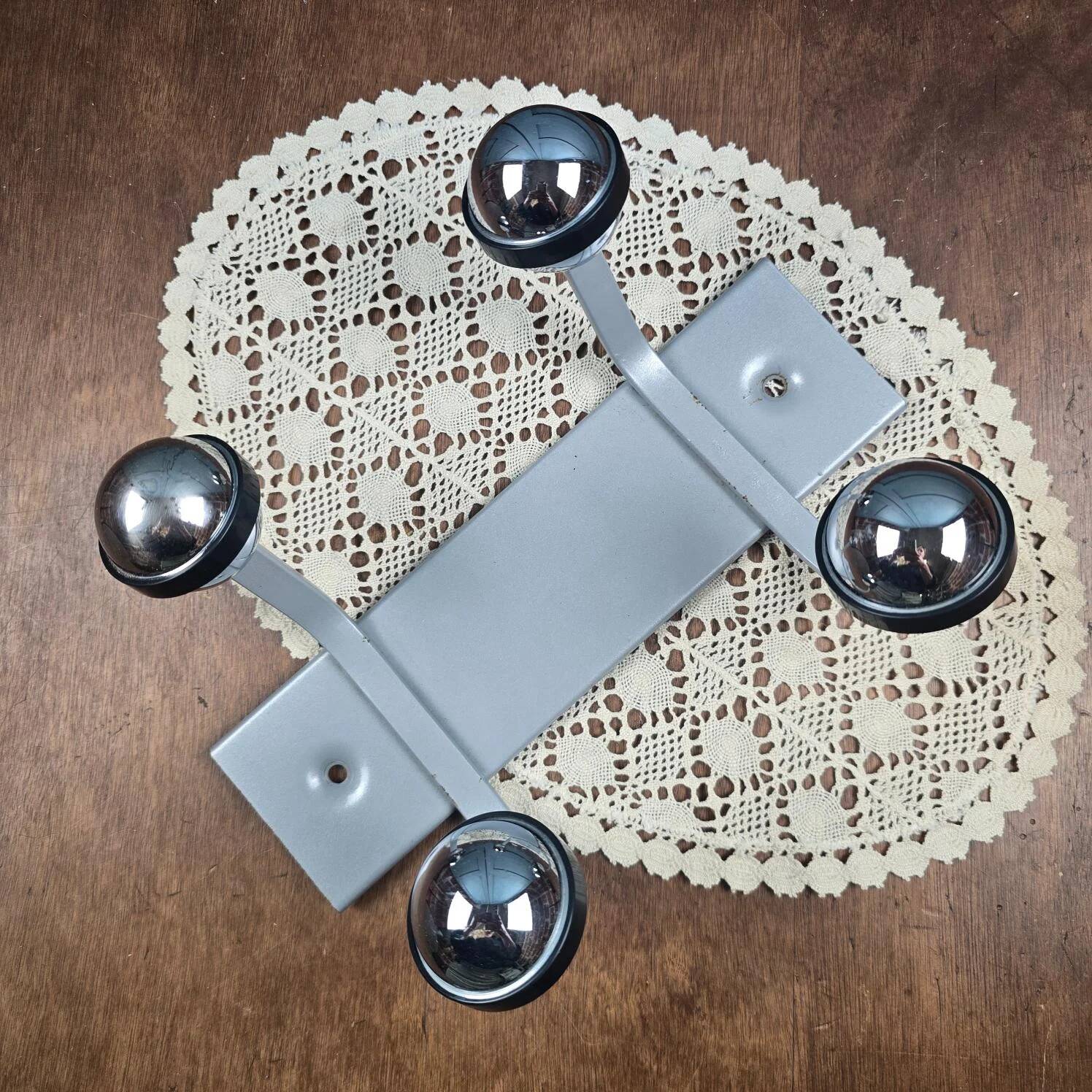 Grey Space Age wall coat rack with 4 chrome ball hooks vintage