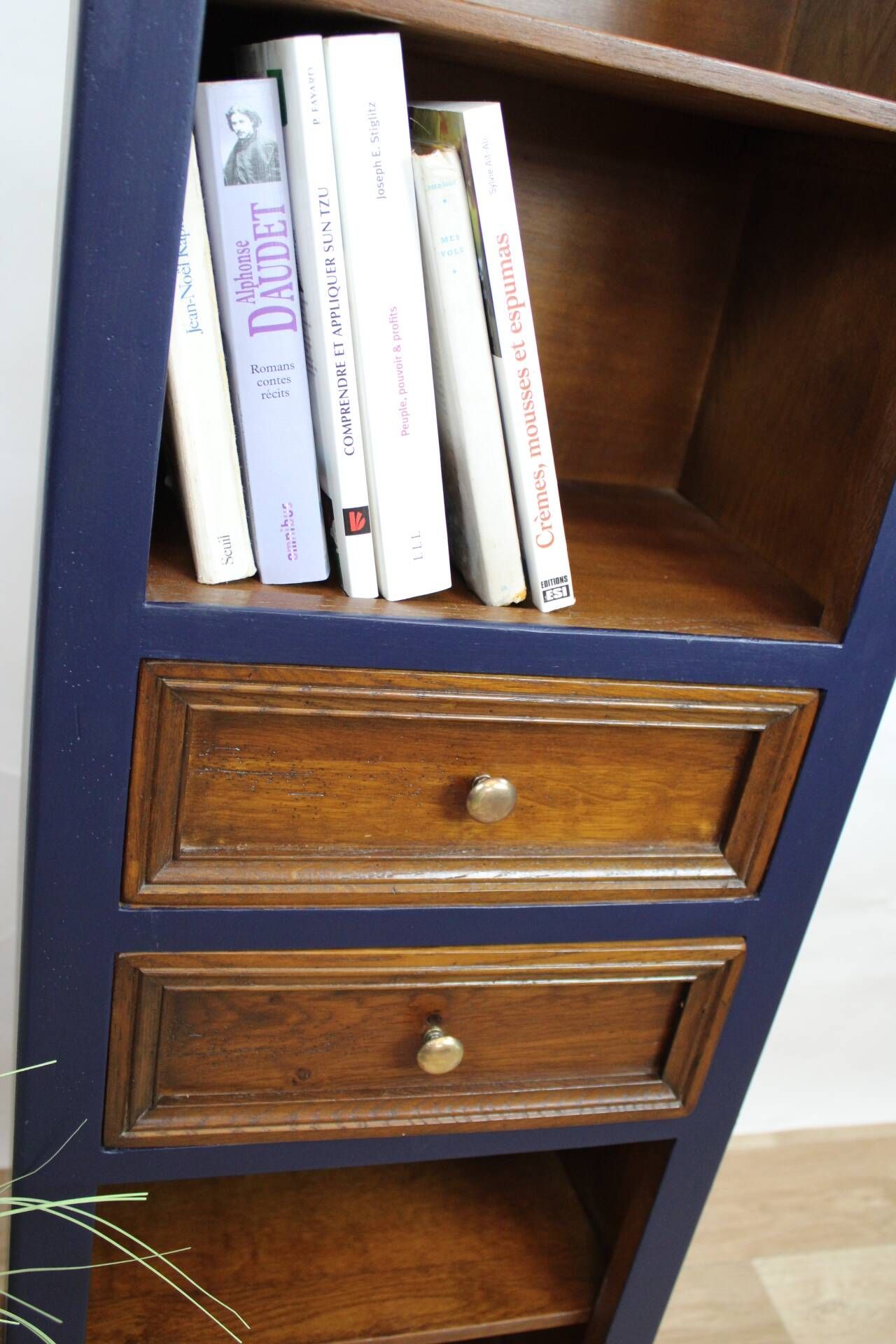 Renovated bookcase with 4 shelves and 2 drawers, France 1960