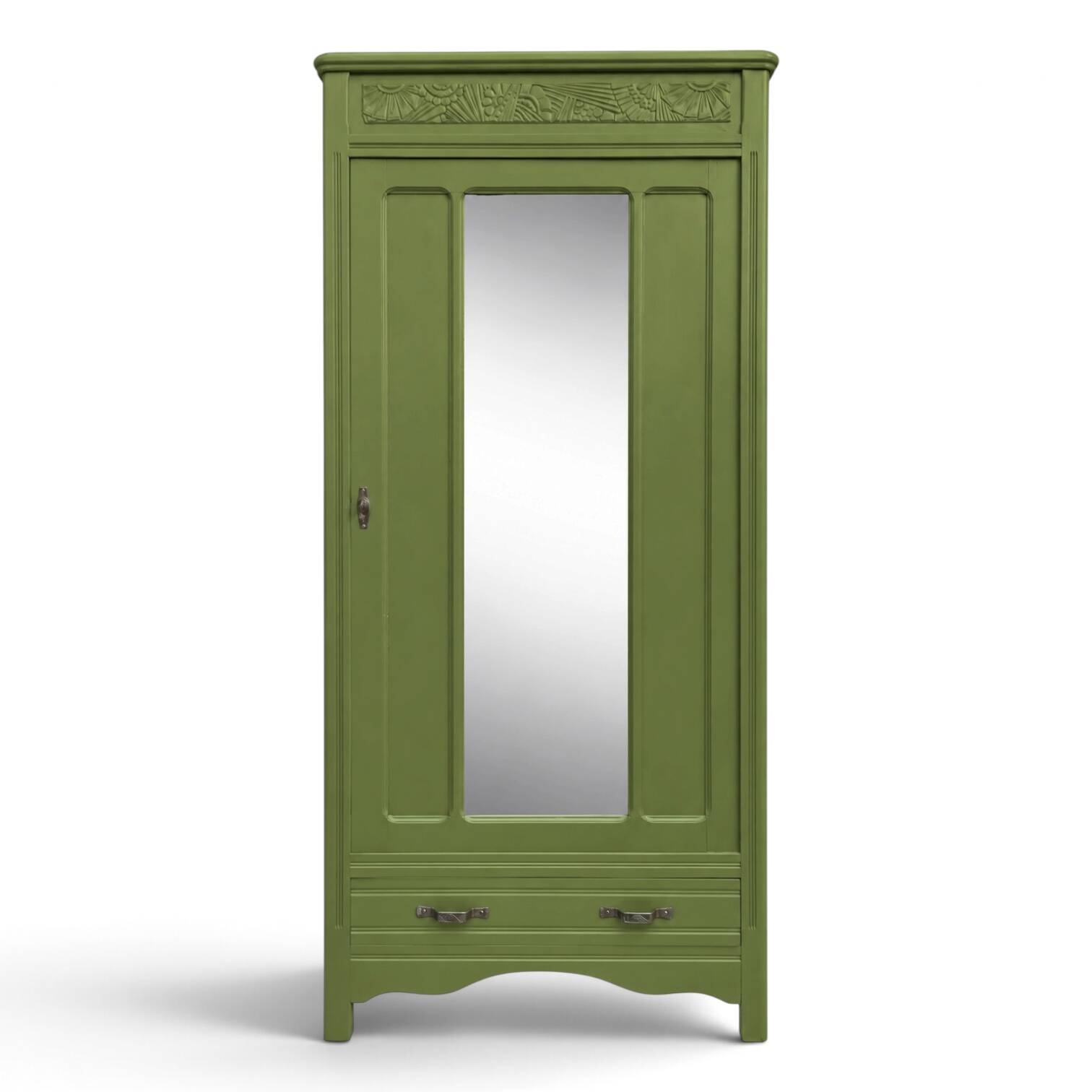 Renovated Art Deco Parisian wardrobe in khaki with original mirror.