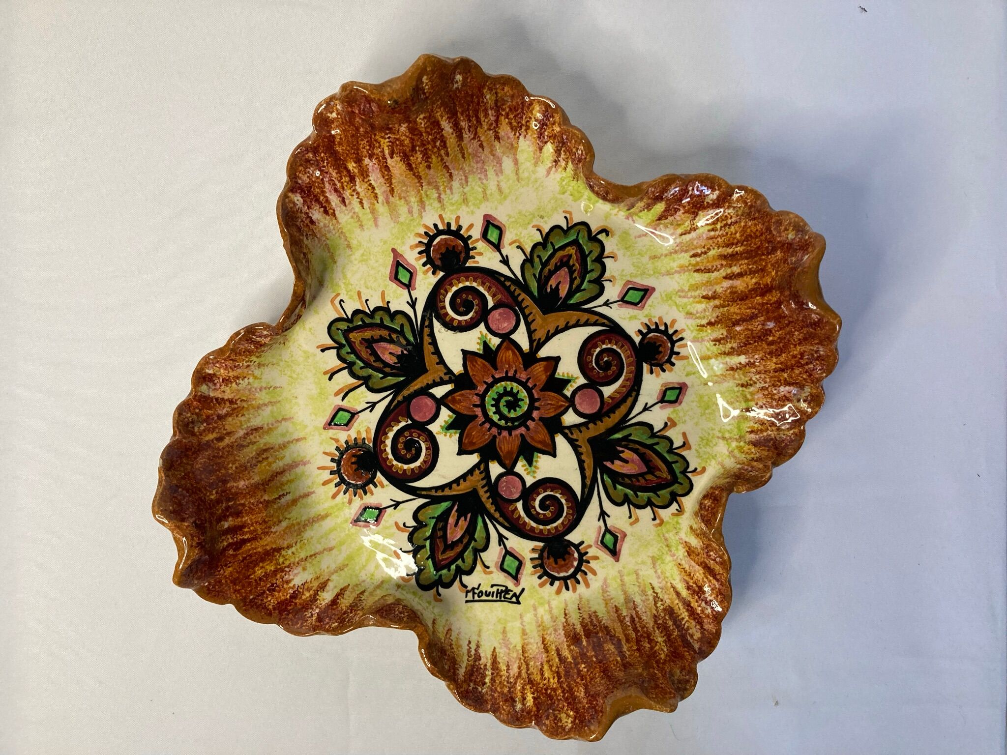 Vintage earthenware dish Quimper Fouillen floral decoration around 1950