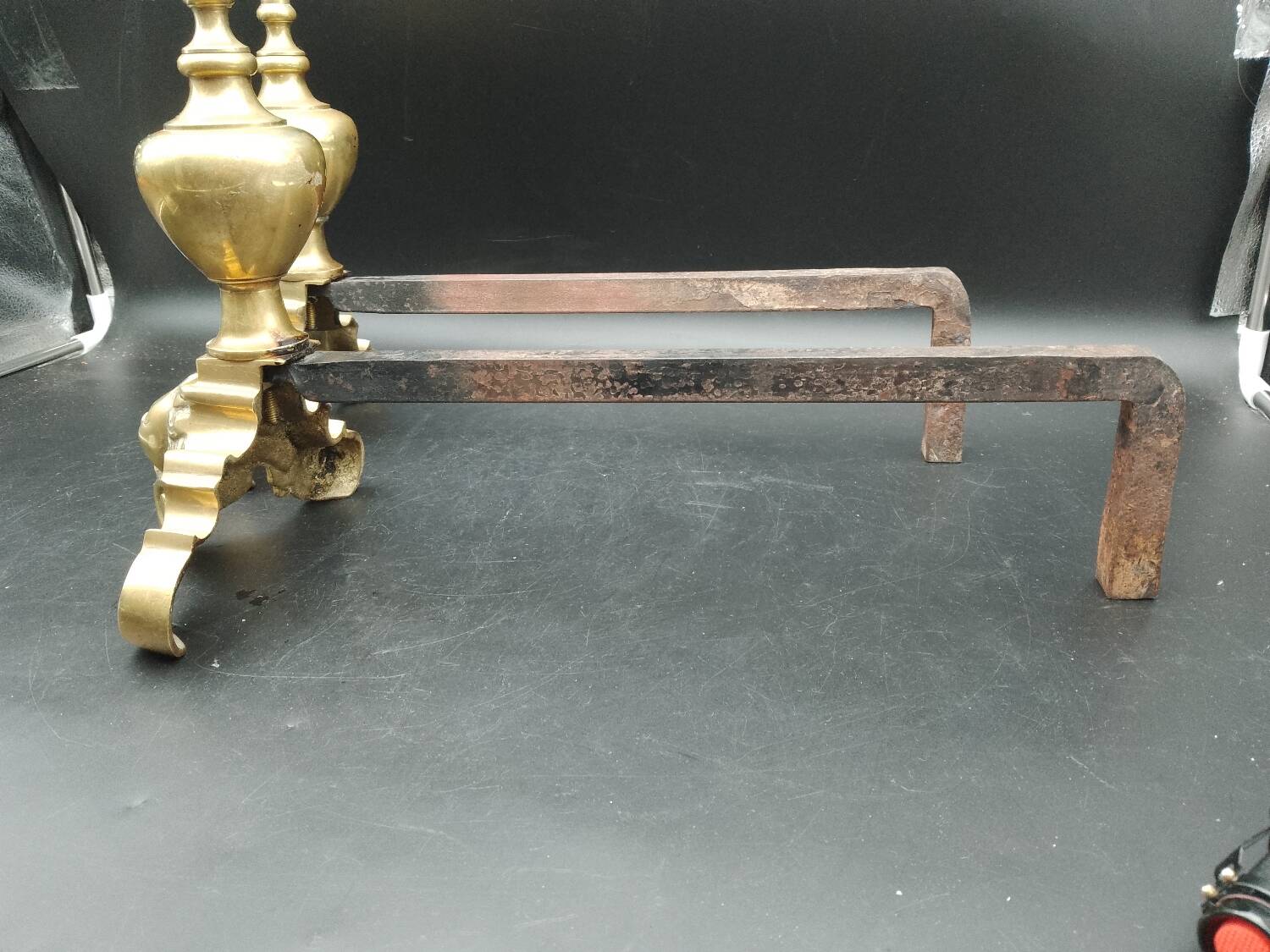 Pair of Fireplace Andirons in Brass Decor Cast Iron Marmousets Louis XIV Loft Style