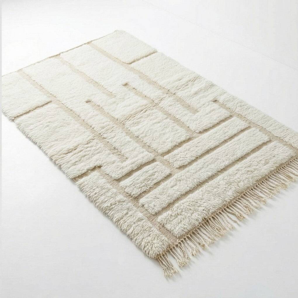 White Moroccan rug with a graphic pattern.