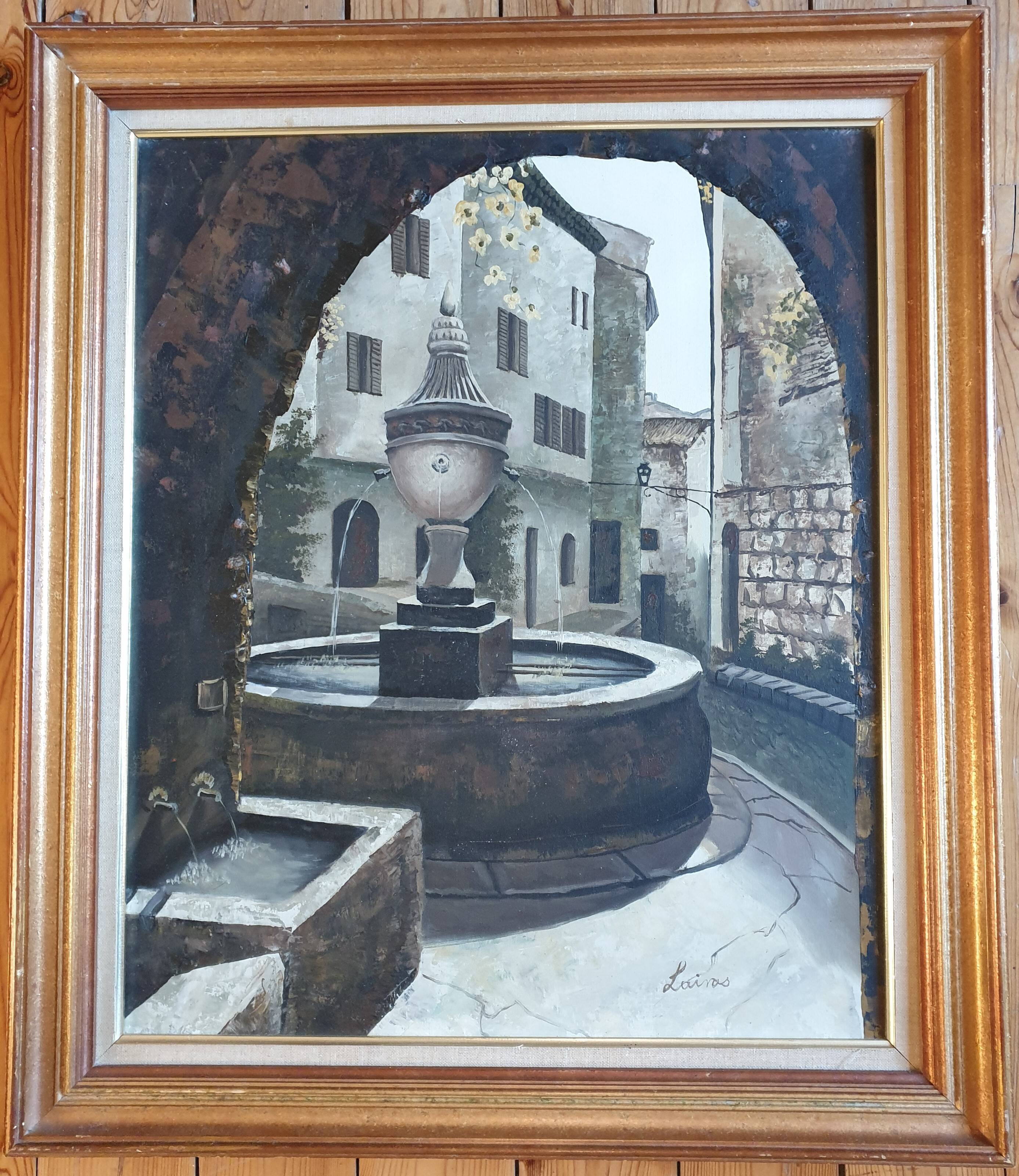 Oil on canvas Lainas Fontaine Saint Paul de Vence signed framed 72 X 62