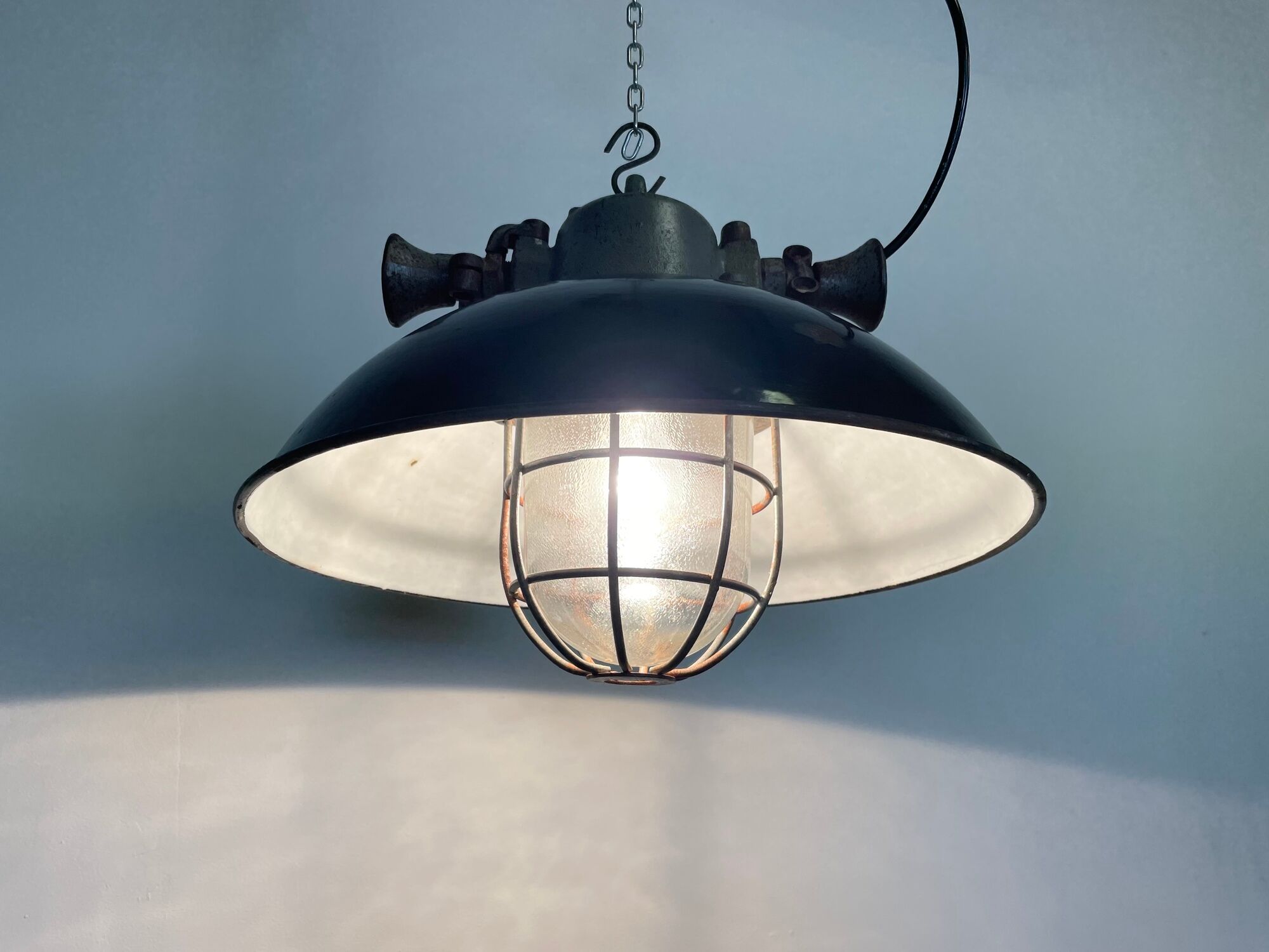 Black Enamel and Cast Iron Industrial Cage Pendant Light, 1950s