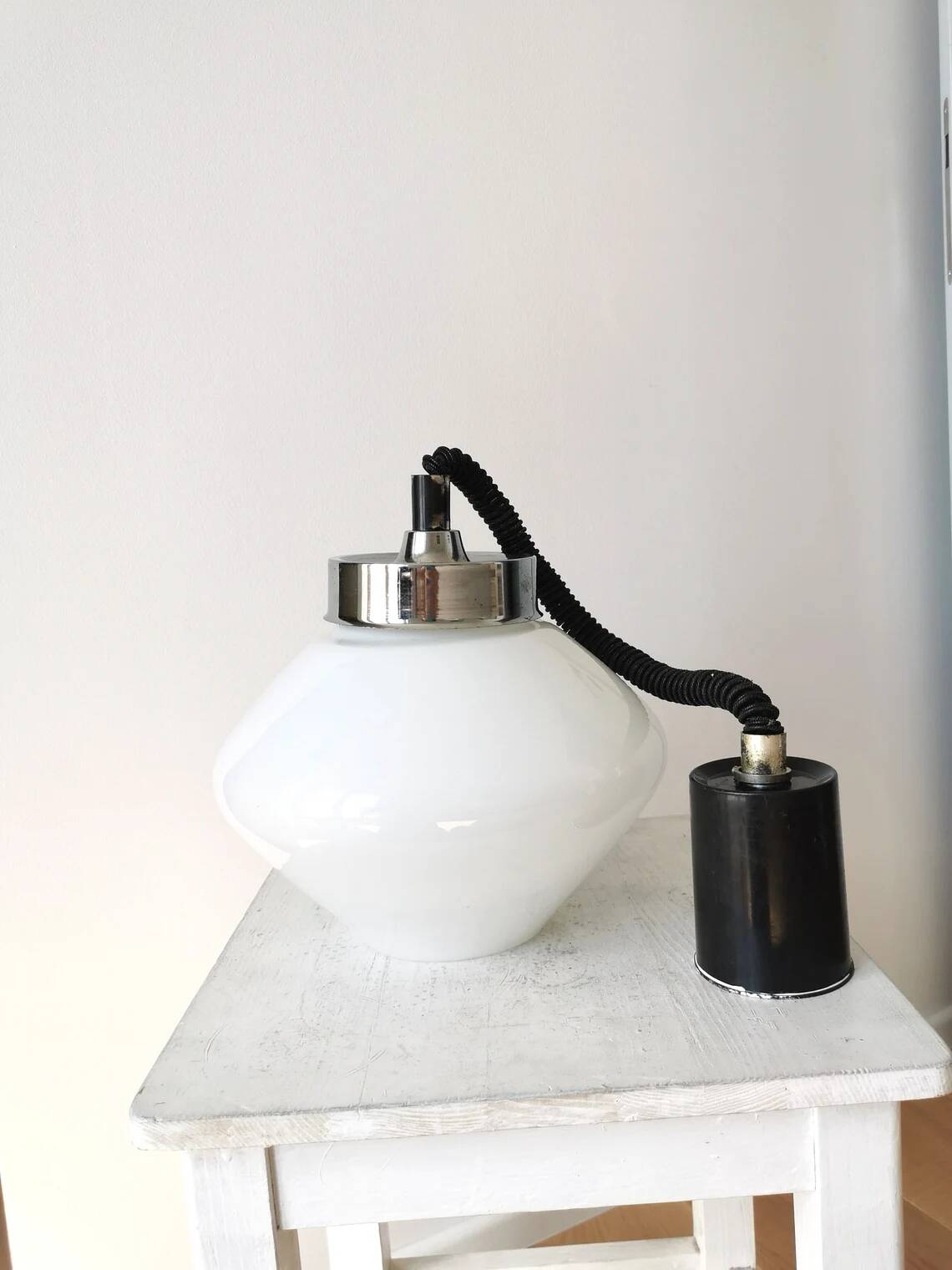 Vintage Pendant Glass Light / White Glass Retro Ceiling Lamp / Mid-century