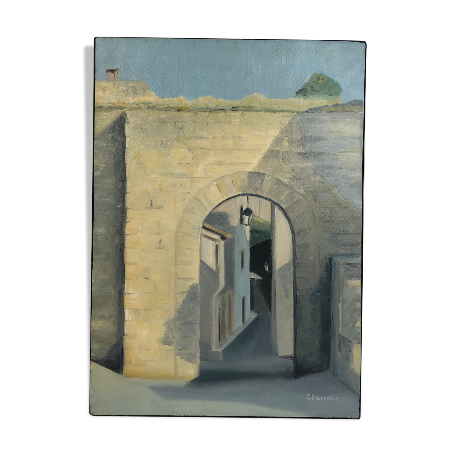 Oil on canvas, "Ruelle de Lacoste, Lubéron" by Charnaux, XXth