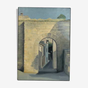 Oil on canvas, "Ruelle de Lacoste, Lubéron" by Charnaux, XXth