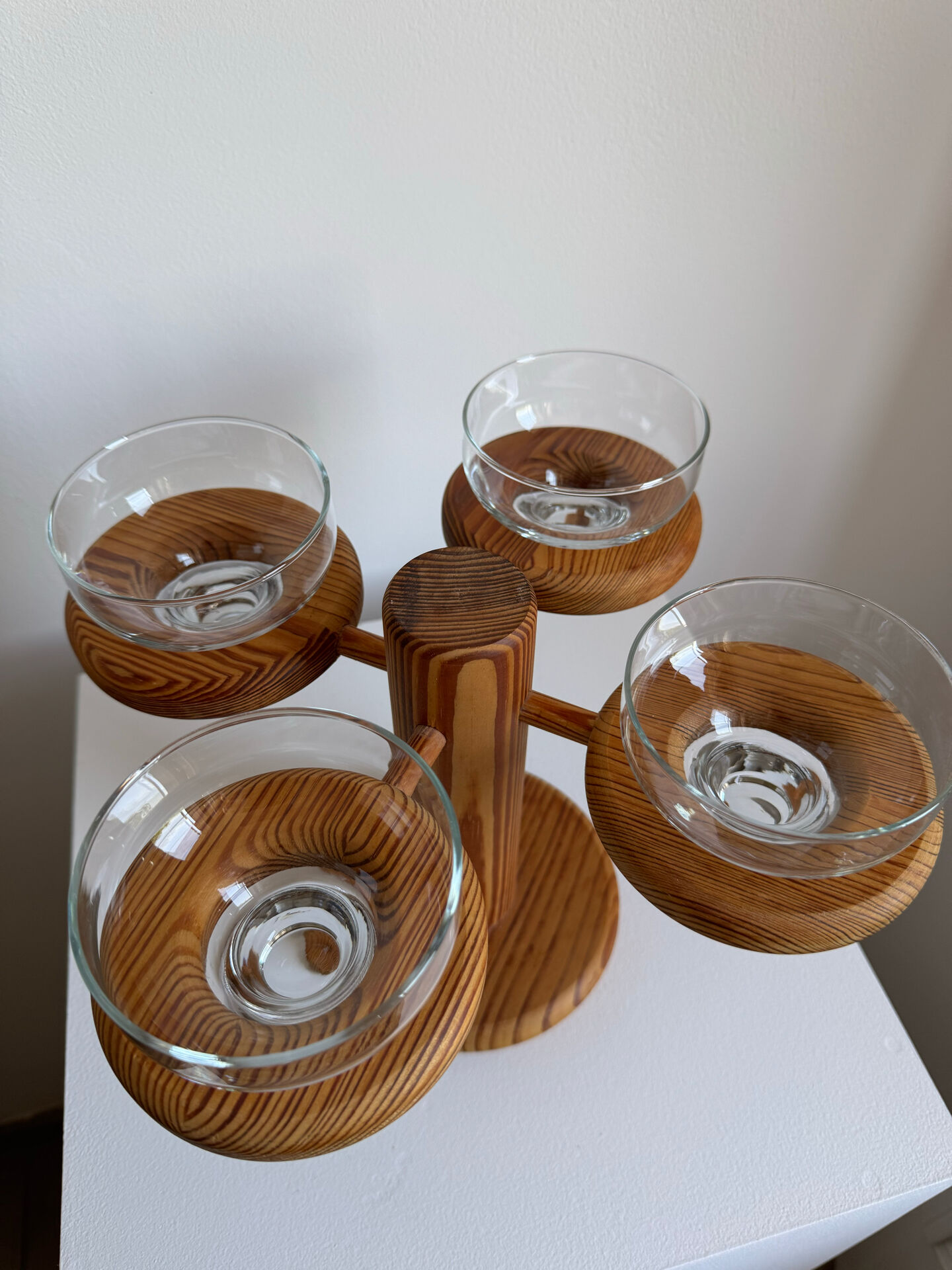 Vintage Mid Century Large Wood Candelabra With Four Glass Cups