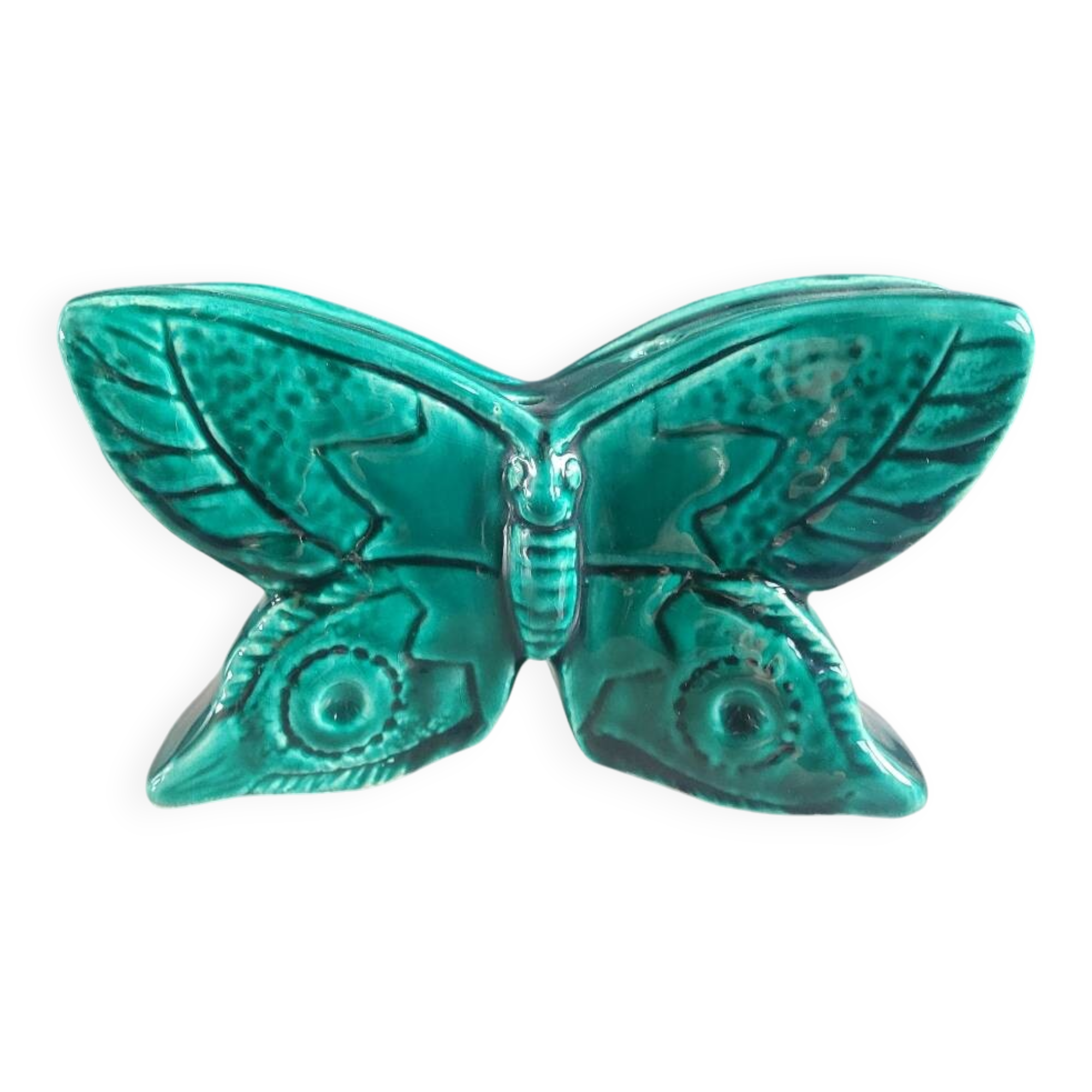 Green glazed ceramic butterfly flower frog