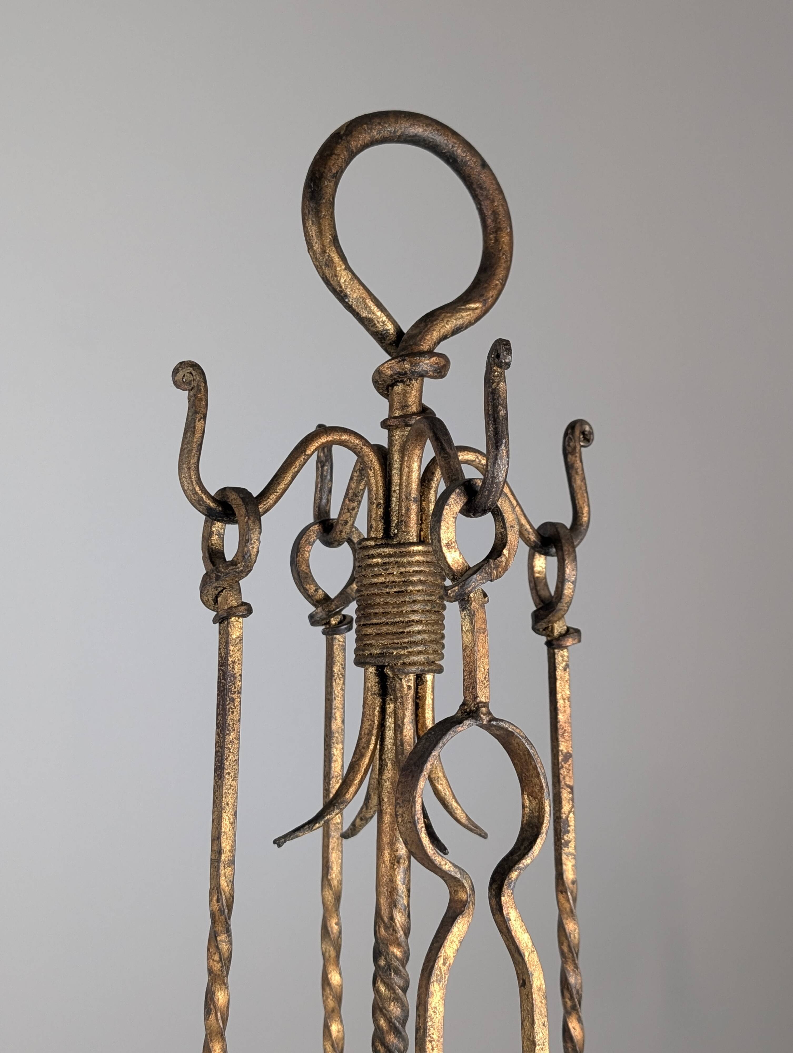 Sculptural Gilded Wrought Iron Fireplace Tool Set, 1960s