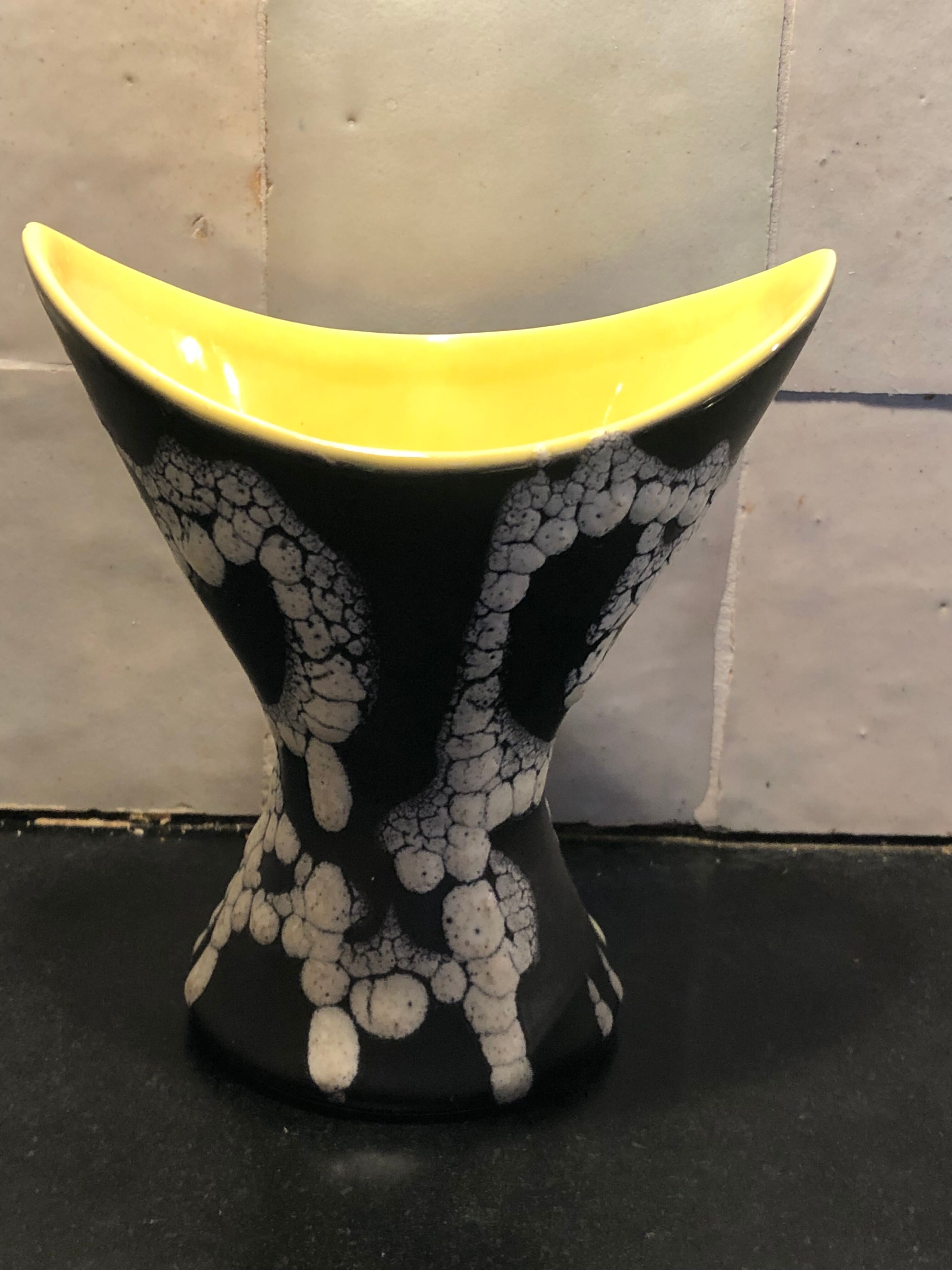 Yellow and black ceramic vase 50s