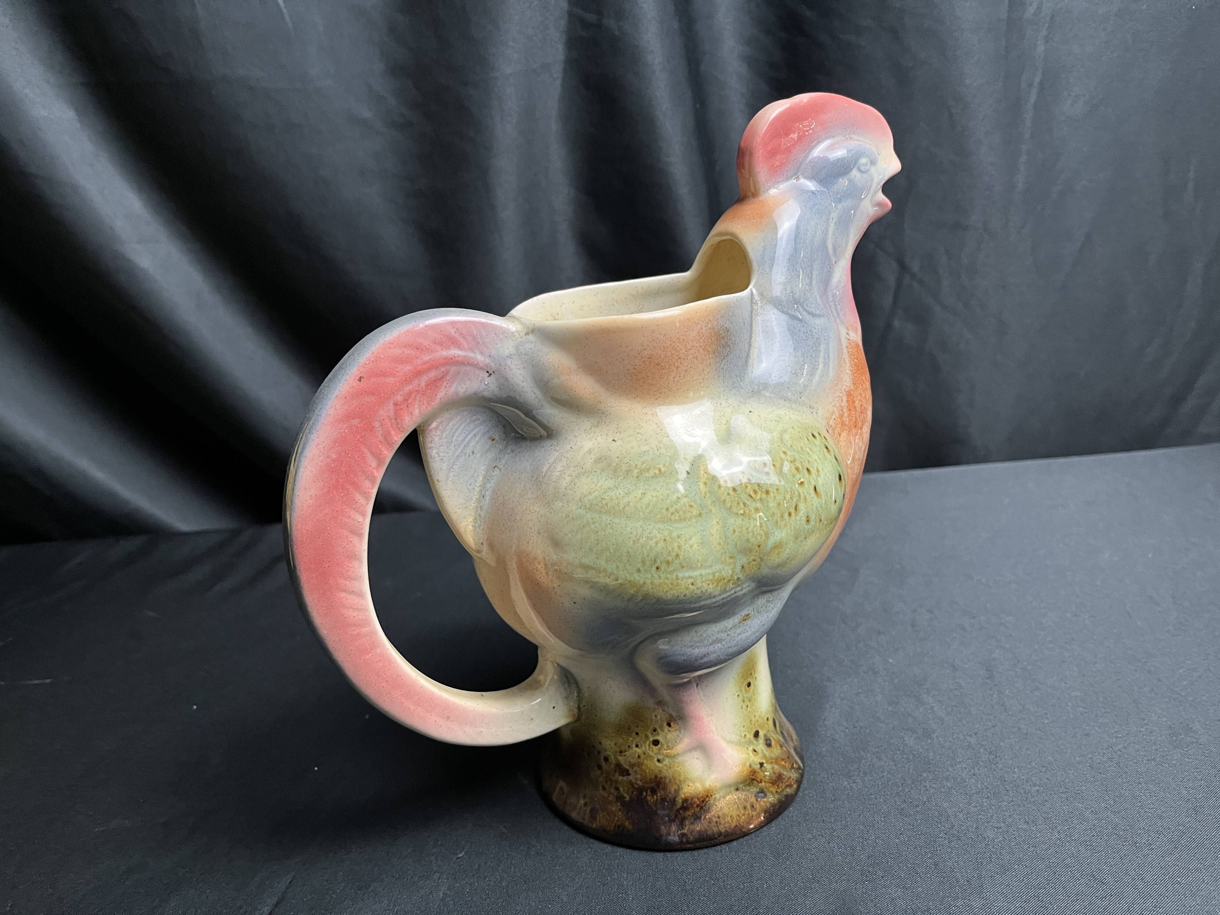 Polychrome earthenware rooster pitcher, 20th century