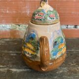 Teapot + 3 Antique Glazed Terracotta Cups Landscape Decor Vintage