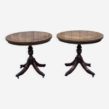 Pair of round English mahogany pedestal tables, made in the 1970s