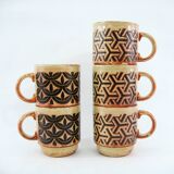 5 beige and fawn stoneware mugs - brown geometric decor - made in England - vintage 70s