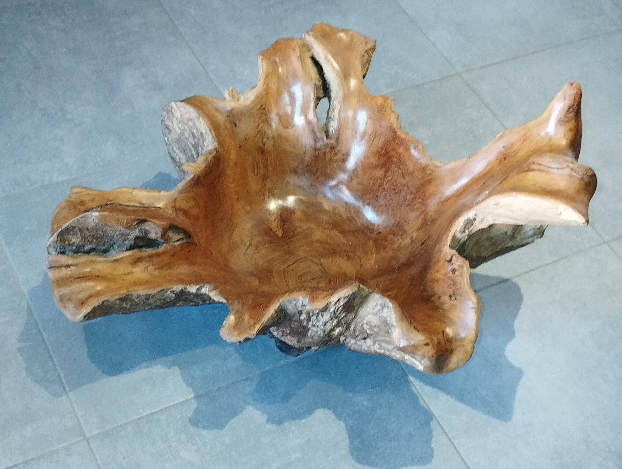 Sculptural wooden centrepiece, organic bowl, brutalist.
