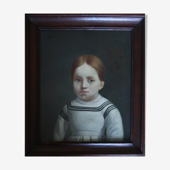 Old painting, portrait of little girl with blue eyes, oil on canvas nineteenth century.