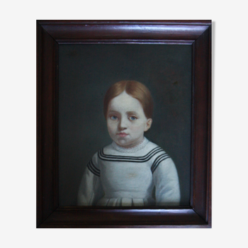 Tableau ancien portrait de petite fille aux yeux bleus huile sur toile XIXe siècle.