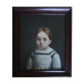 Old painting, portrait of little girl with blue eyes, oil on canvas nineteenth century.