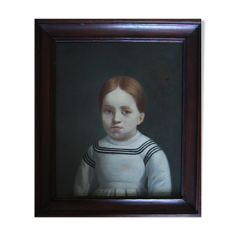 Tableau ancien portrait de petite fille aux yeux bleus huile sur toile XIXe siècle.