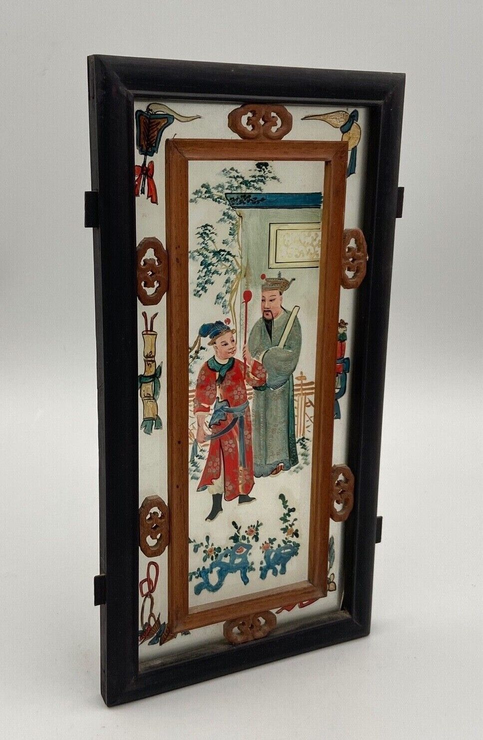 Fixed lantern plate under hand painted glass ironwood late nineteenth century