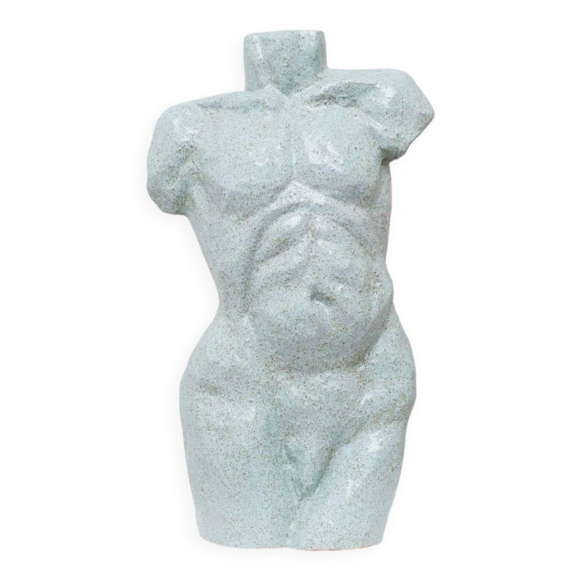 Light blue clay ceramic torso statue – mid-century design sculpture, heavy studio piece