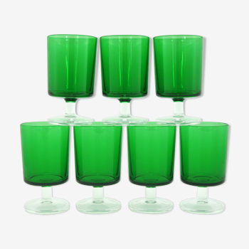 Set de 7 verres à pied couleur vert bouteille Cavalier Luminarc France 1970