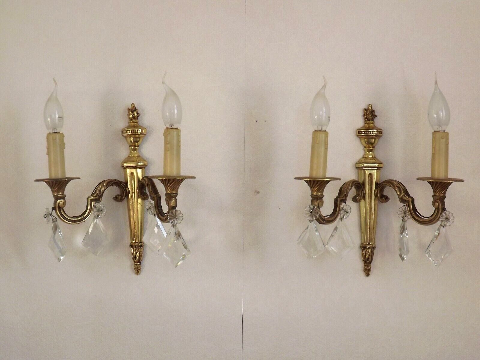 French Pair of Double Empire Brass Wall Sconces with Diamond Crystal Drops