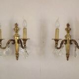 Paire française d'appliques murales double empire laiton avec gouttes de cristal diamant