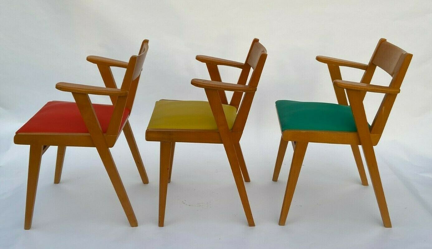 3 french design chairs chene light red yellow green 1960