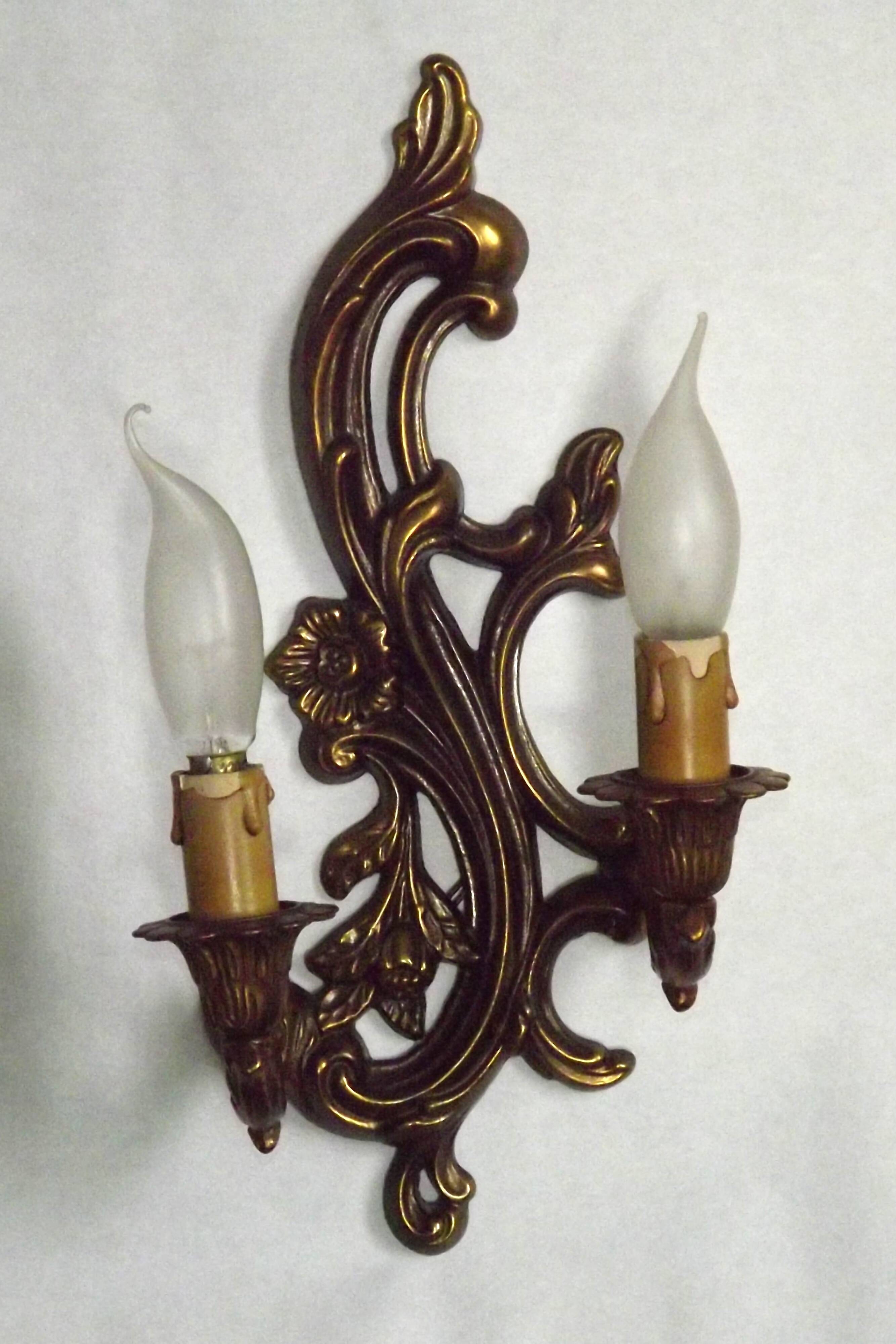 Pair Vintage French Bronze Double Wall Lights Acanthus Leaf & Flower Detail