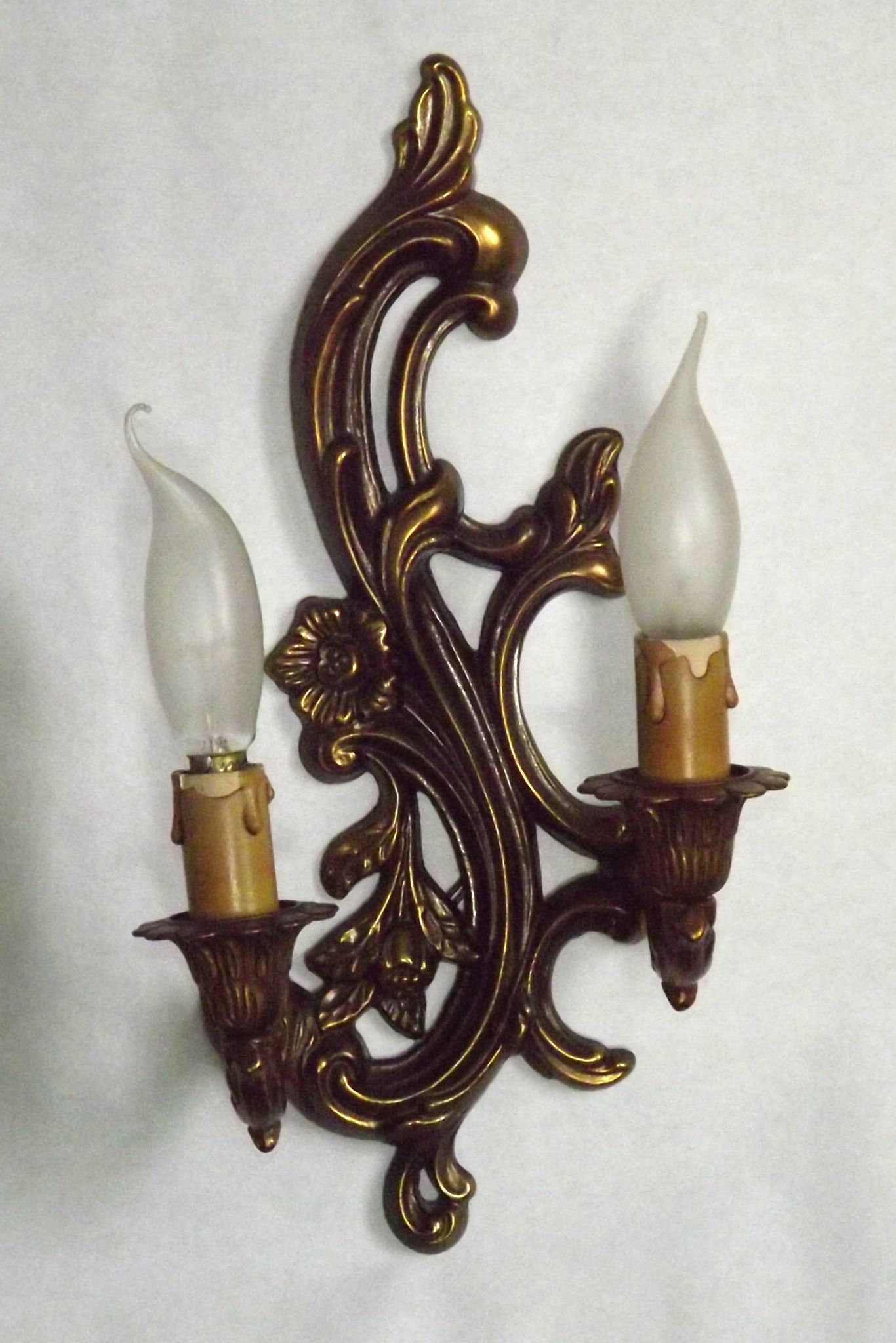 Pair Vintage French Bronze Double Wall Lights Acanthus Leaf & Flower Detail