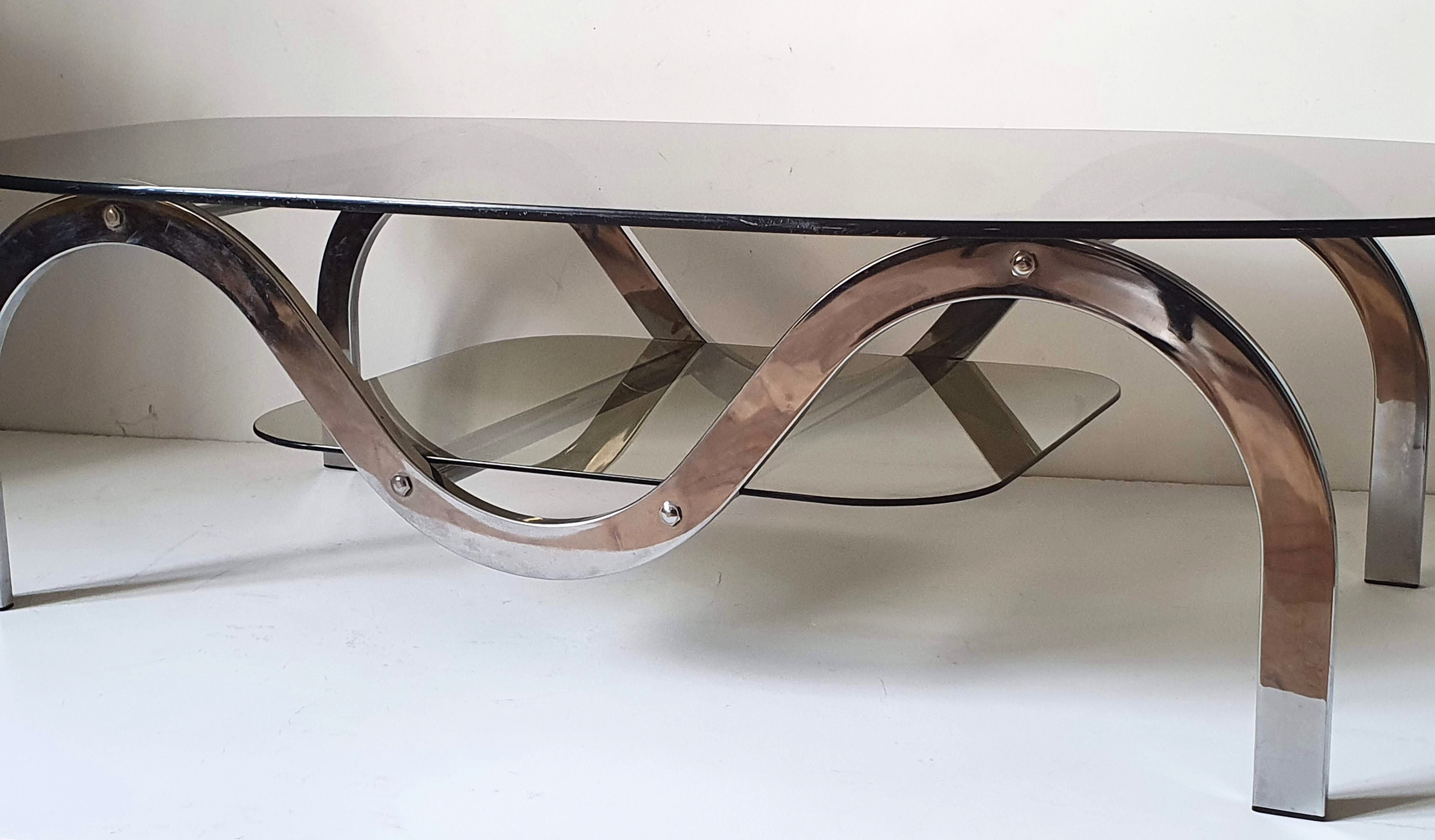 Coffee table chrome metal and smoked glass 70s