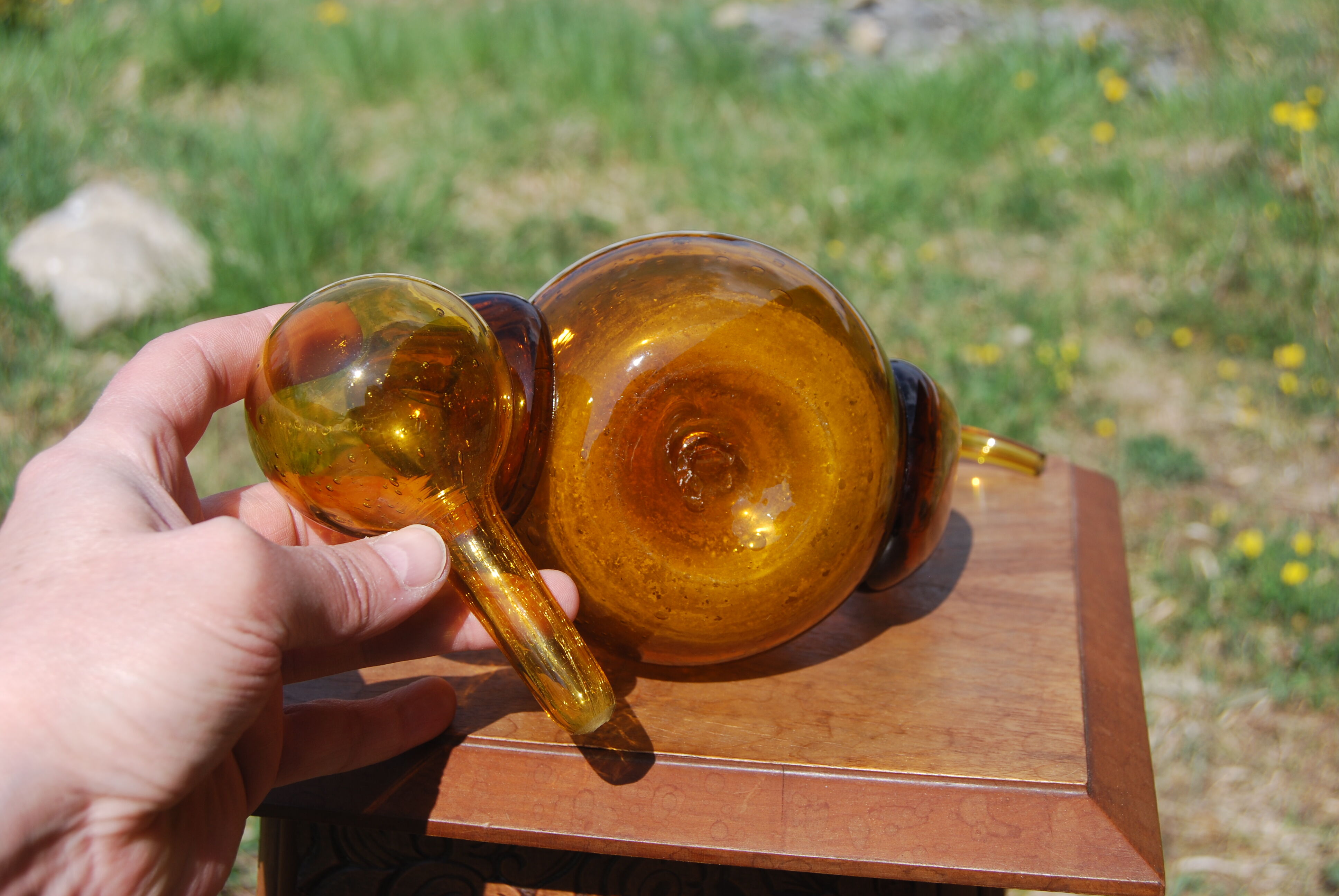 Pourer, Biot amber bubbled glass carafe.