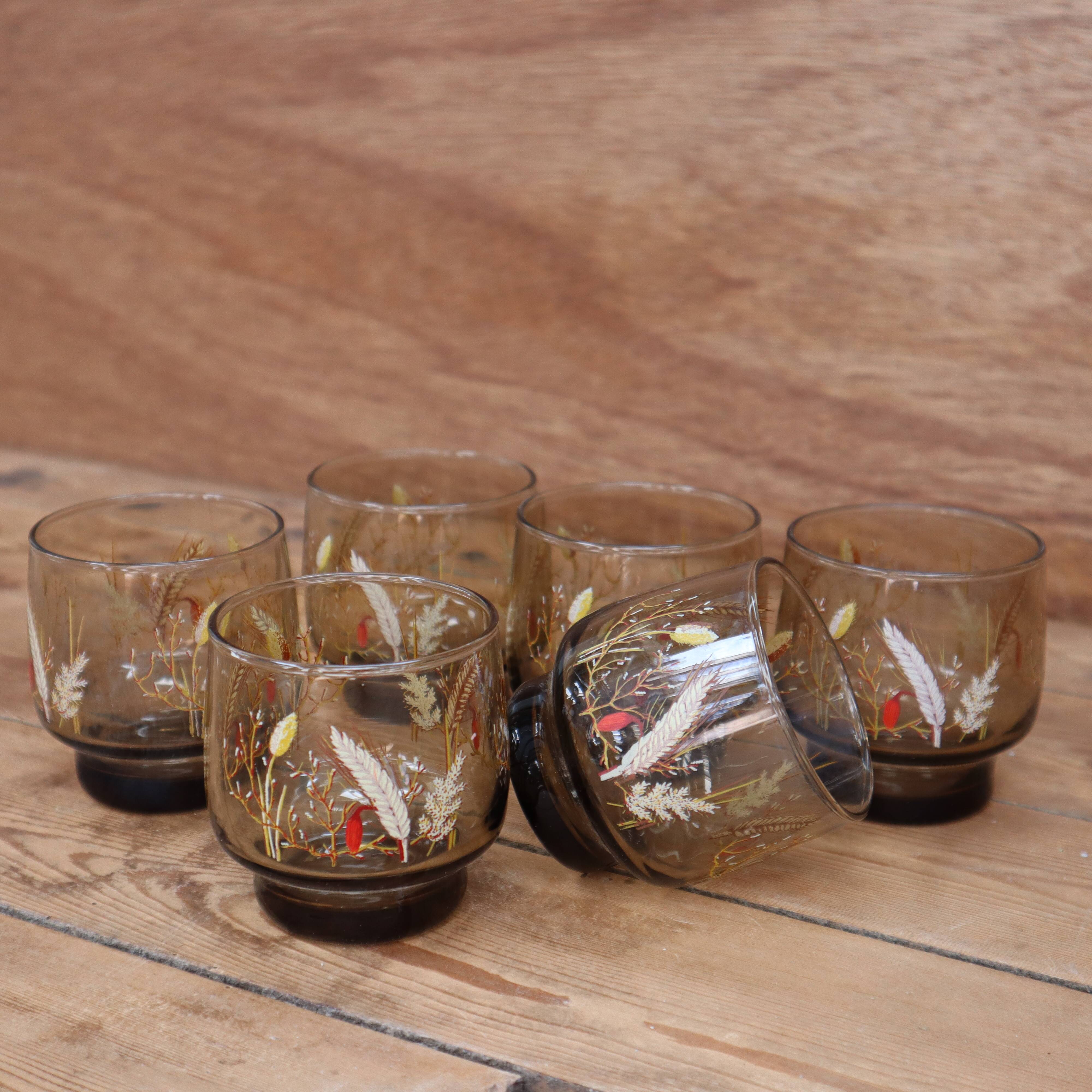 Set of 6 smoked glasses with Arcoroc ear of wheat decoration