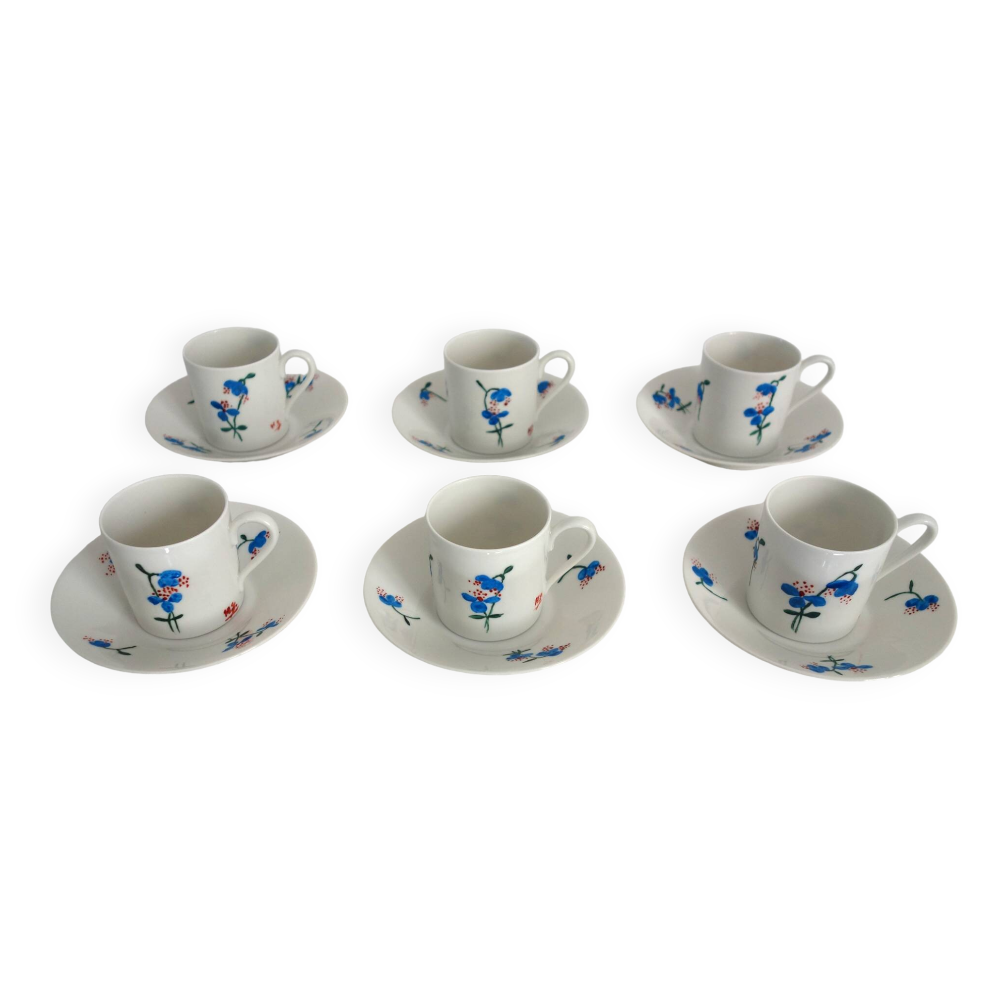 6 Limoges porcelain coffee cups, hand decorated, 1930s