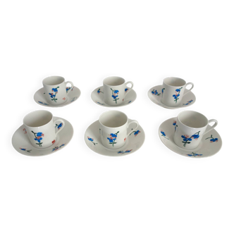 6 Limoges porcelain coffee cups, hand decorated, 1930s