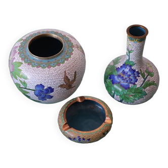 Two vases and an ashtray in cloisonné enamels